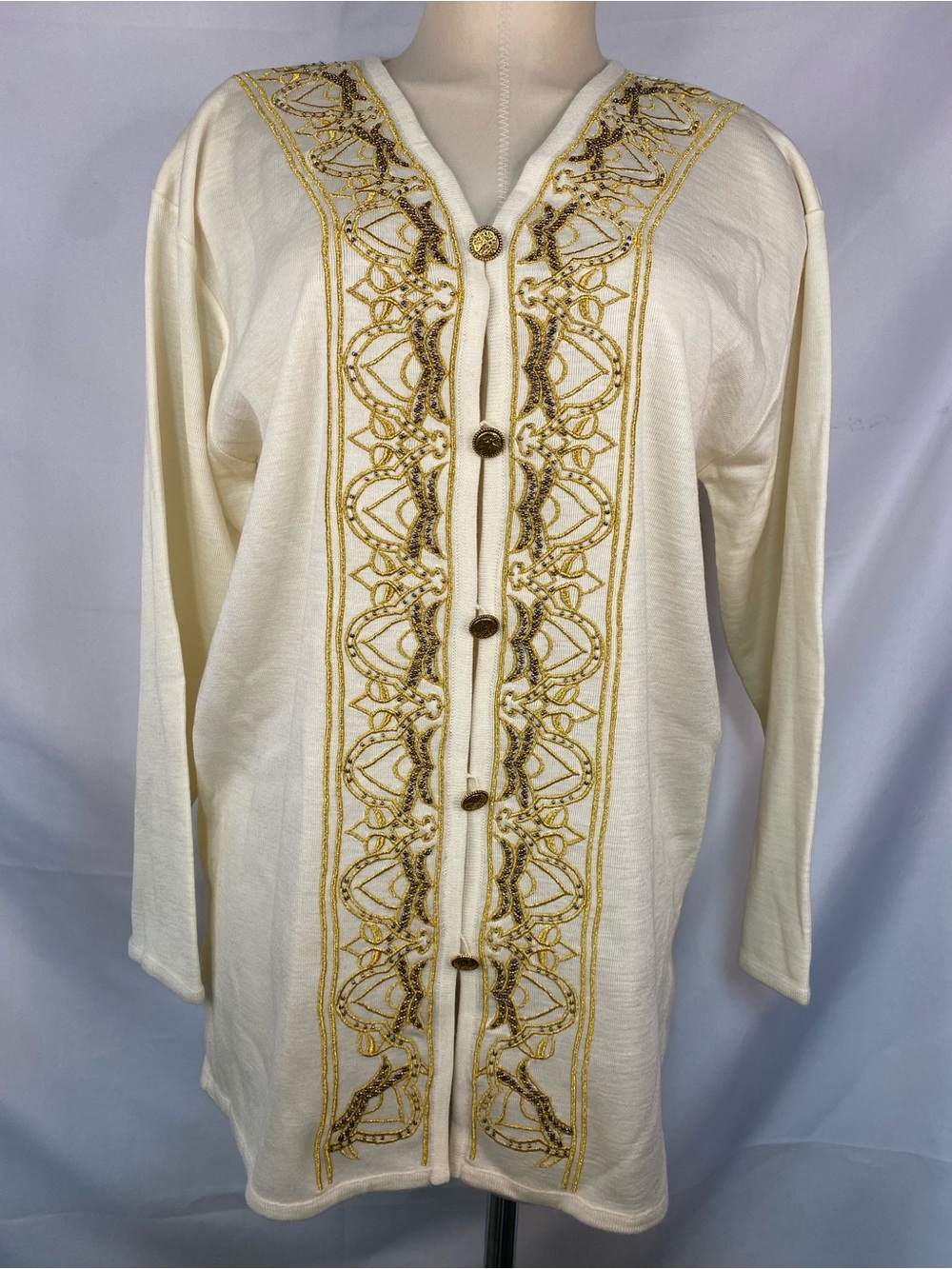 Carole Little Wool Blend Cream Knit Sweater with Gold Trim Women’s Medium